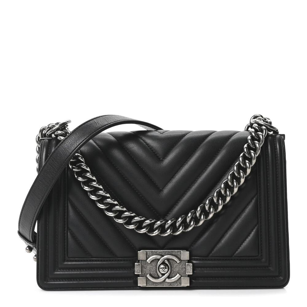 Chanel Medium Boy Flap Bag Black Chevron Quilted Calfskin Ruthenium Hardware